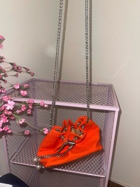 Vibrant Orange Drawstring Mini Shoulder Bag with Silver Chain
